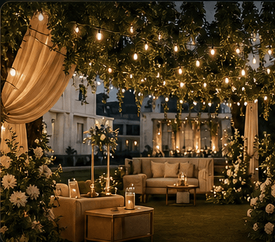 Warm event decor setup with floral lighting